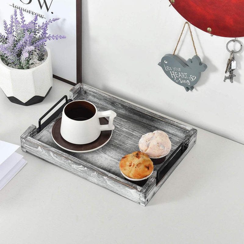VERGOODR Country Rustic Torched Wood Nesting Breakfast Serving Trays with Handles, Set of 3 (White Grayish) - Image 4